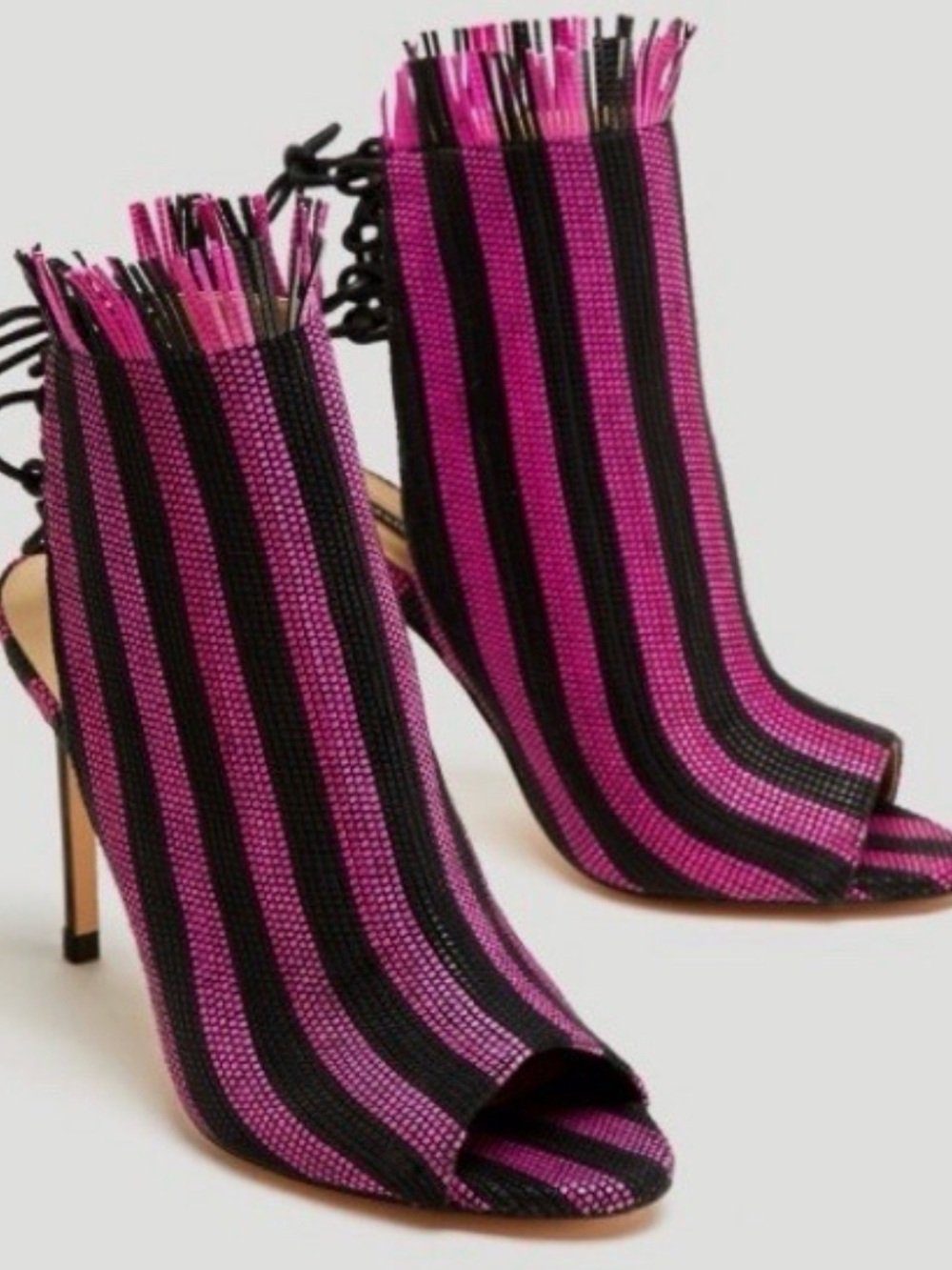ZARA Peep Toe Lace up Bootie, Pink/Black Stripe